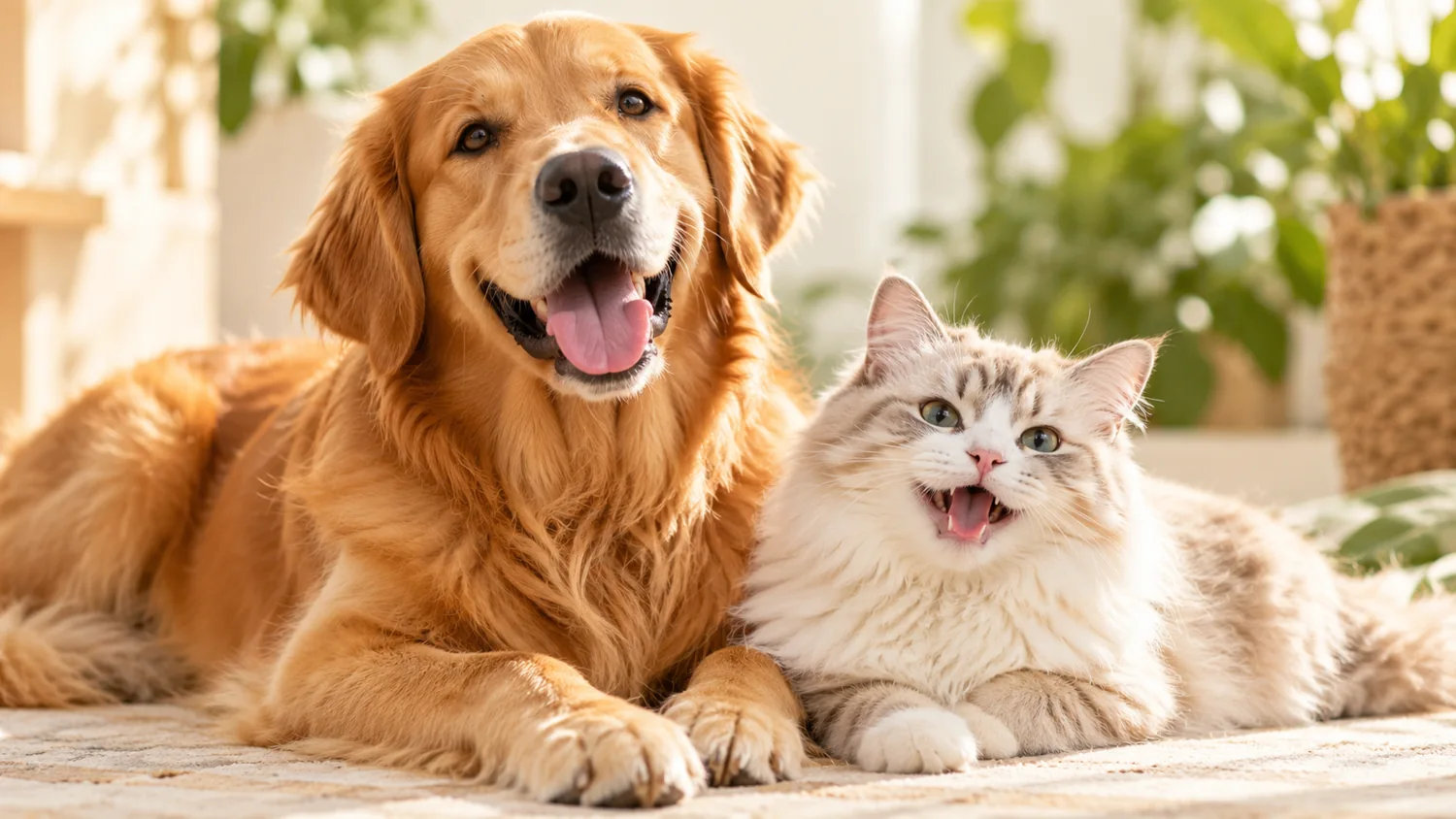 A happy dog and cat relaxing together