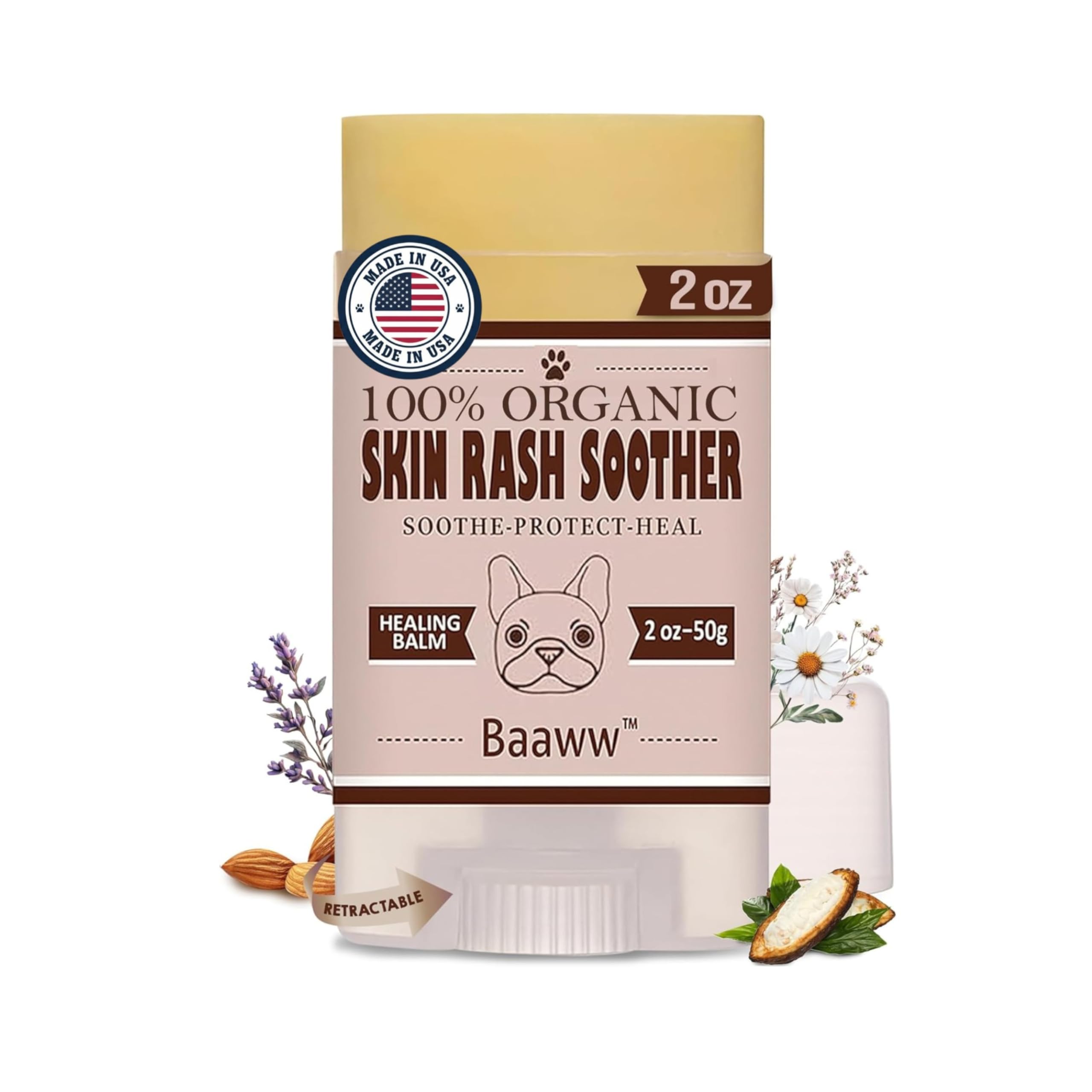 Baaww Dog Skin Soother Stick, 2 oz, cap off — Made in USA